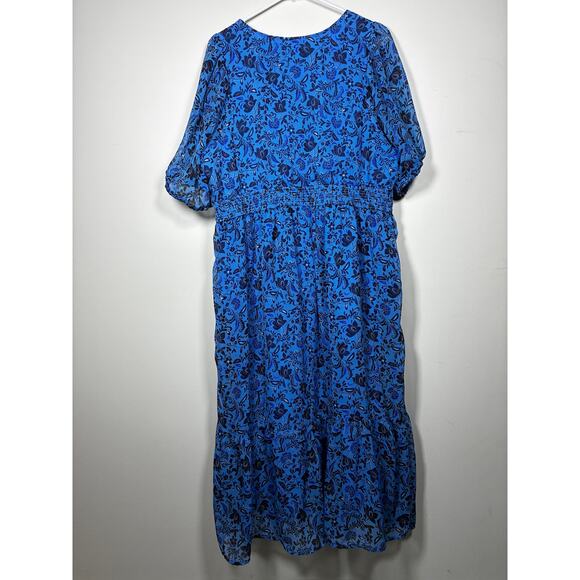 Old Navy Royal Blue Midi Dress XL Floral Tiered Cottagecore Modest Fall Wedding - Picture 2 of 11